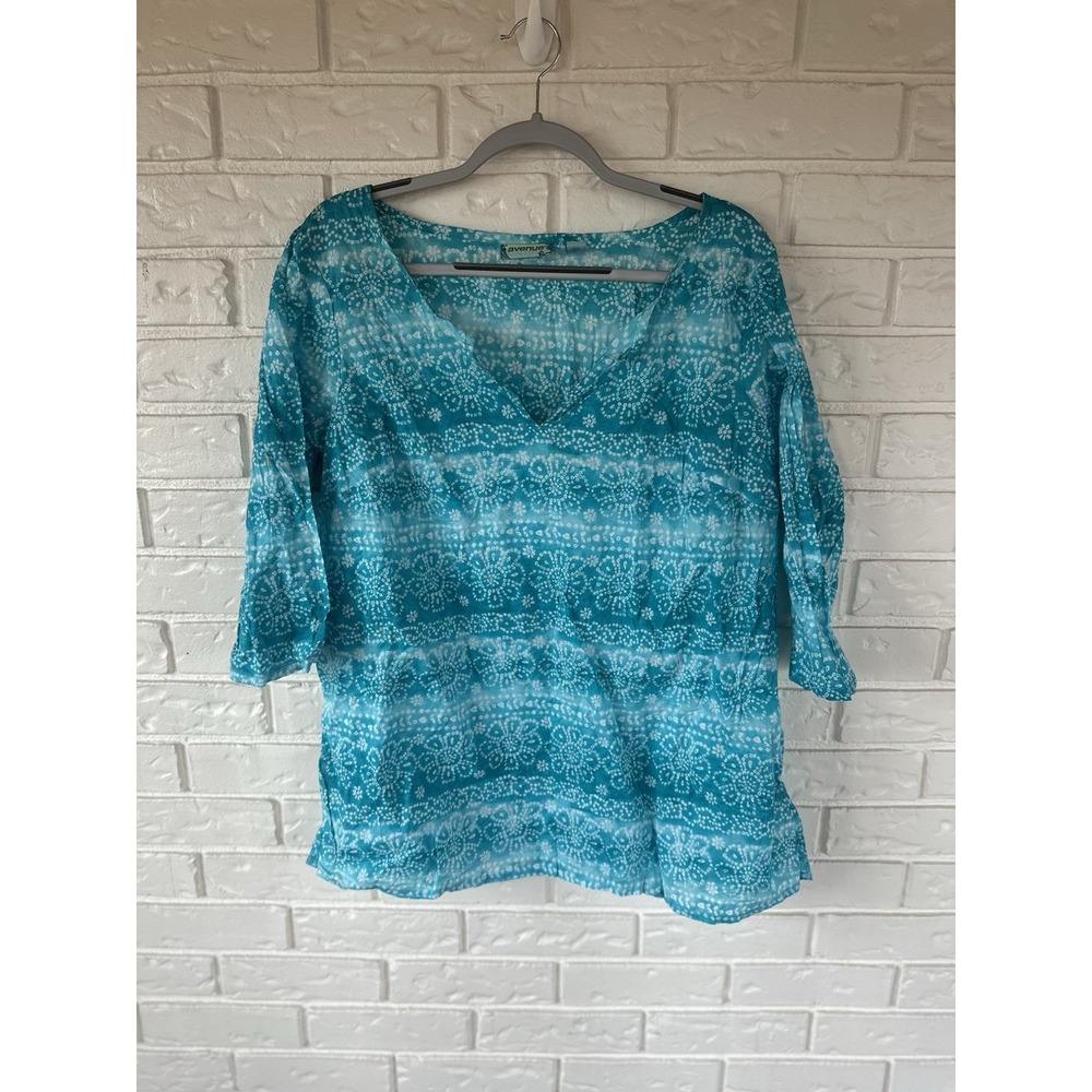 Avenue Turquoise Floral V Neck Blouse‎ Women's Plus Size 18/20 3/4 Sleeve